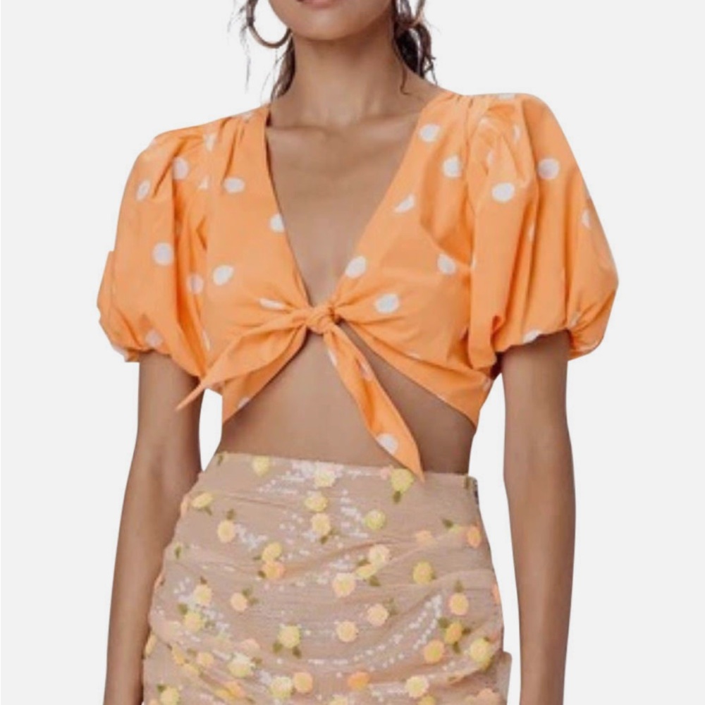 For Love & Lemons Auburn Polka Dot Crop Top Tie Front Large in Orange and White